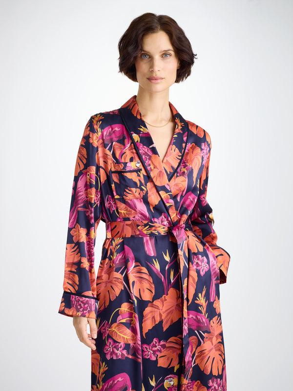 Derek Rose Women's Long Robe Silk Satin Navy Jungle Birds Pattern Navy