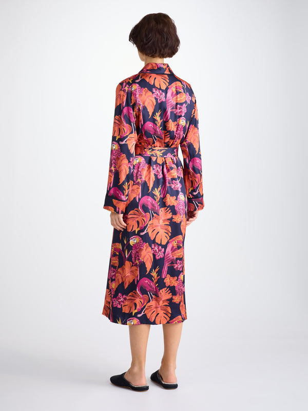 Derek Rose Women's Long Robe Silk Satin Navy Jungle Birds Pattern Navy