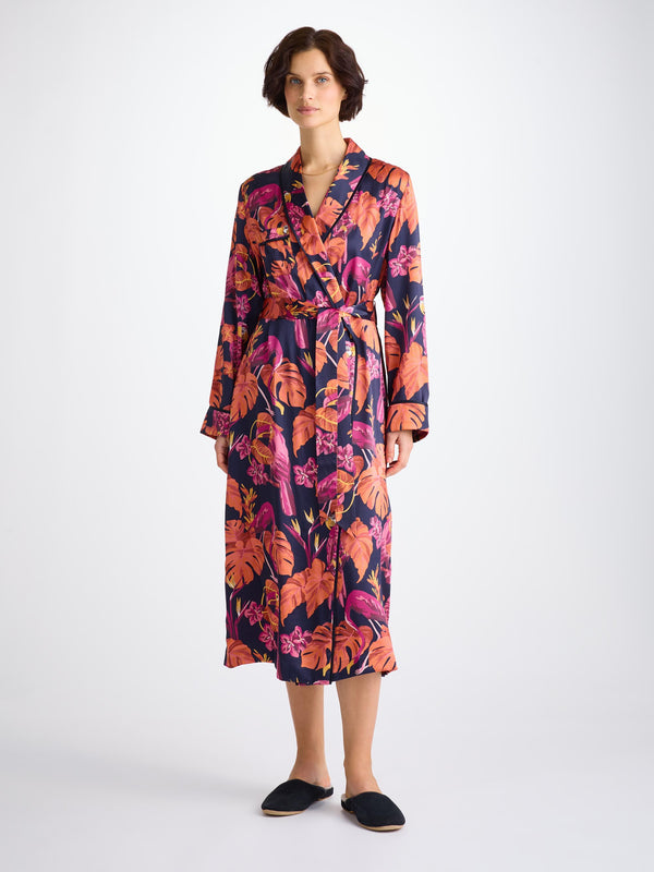 derek rose Women's Long Robe Silk Satin Navy Jungle Birds Pattern Navy