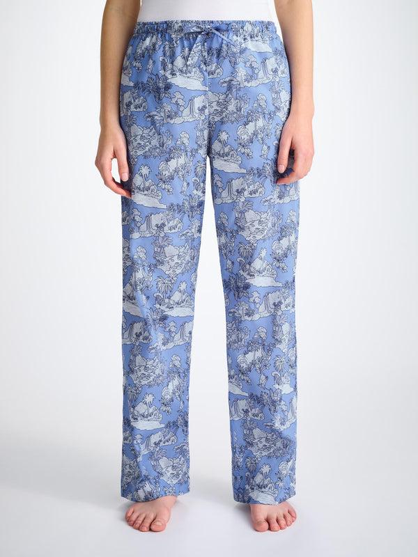 derek rose Women's Lounge Pants Cotton Batiste Blue Island Hopping Print Mid Blue