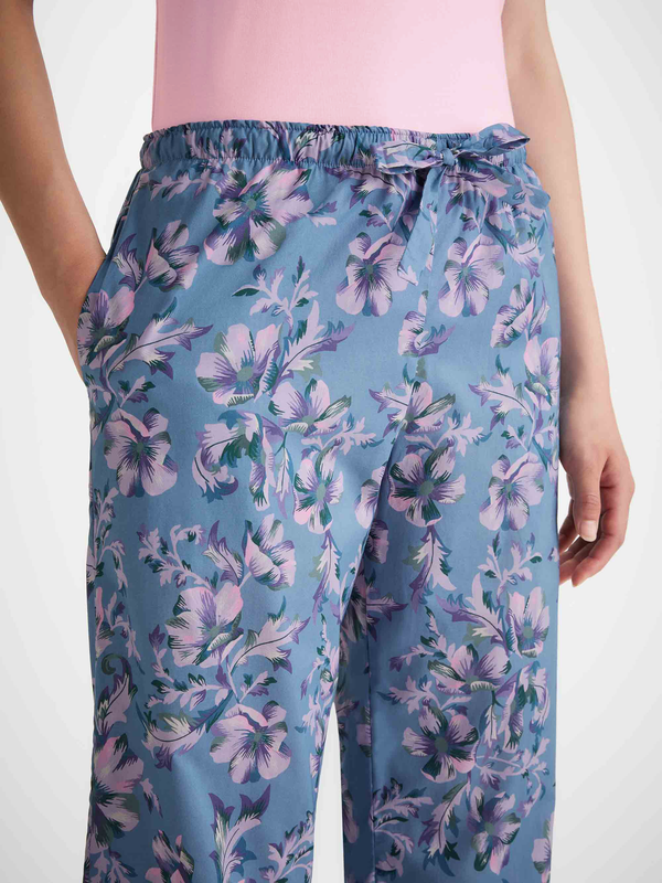 Derek Rose Women's Lounge Pants Cotton Batiste Blue Wildflower Print Mid Blue
