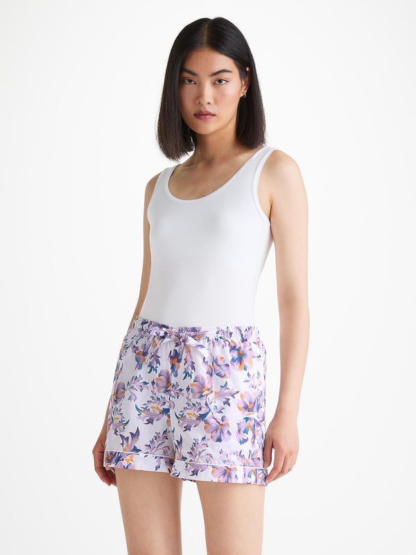 Derek Rose Women's Lounge Shorts Cotton Batiste White Wildflower Print White