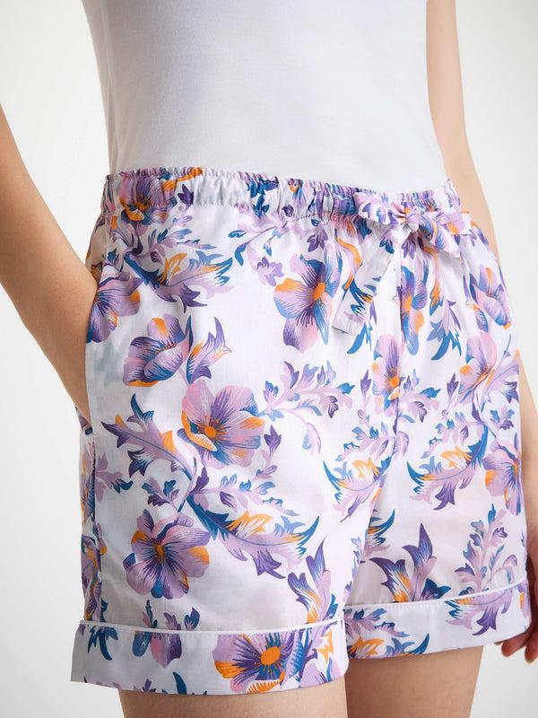 derek rose Women's Lounge Shorts Cotton Batiste White Wildflower Print White
