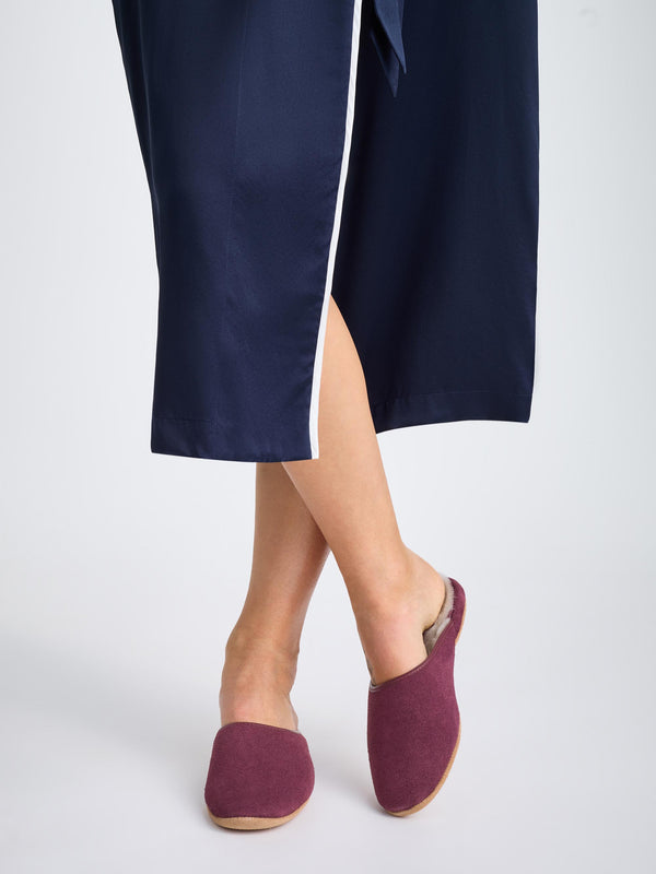 Derek Rose Women's Mule Slippers Imogen Suede Sheepskin Bordeaux Bordeaux