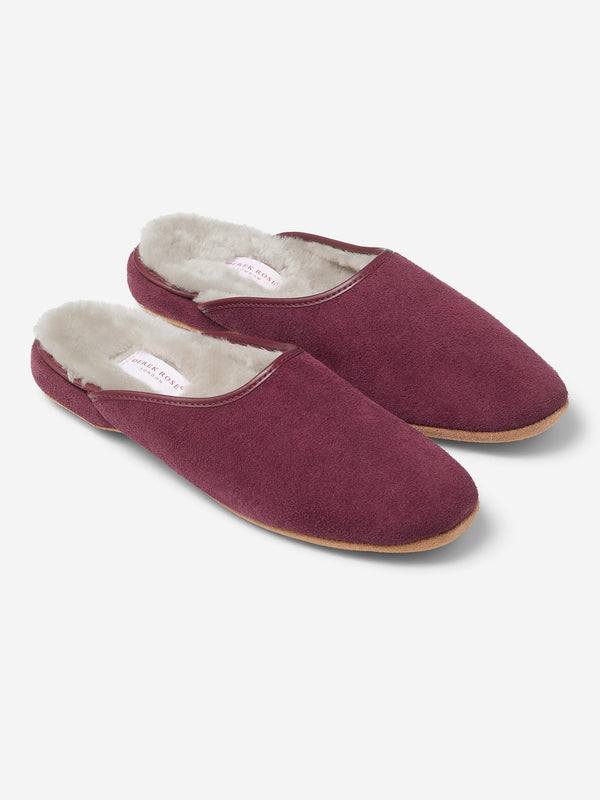 derek rose Women's Mule Slippers Imogen Suede Sheepskin Bordeaux Bordeaux
