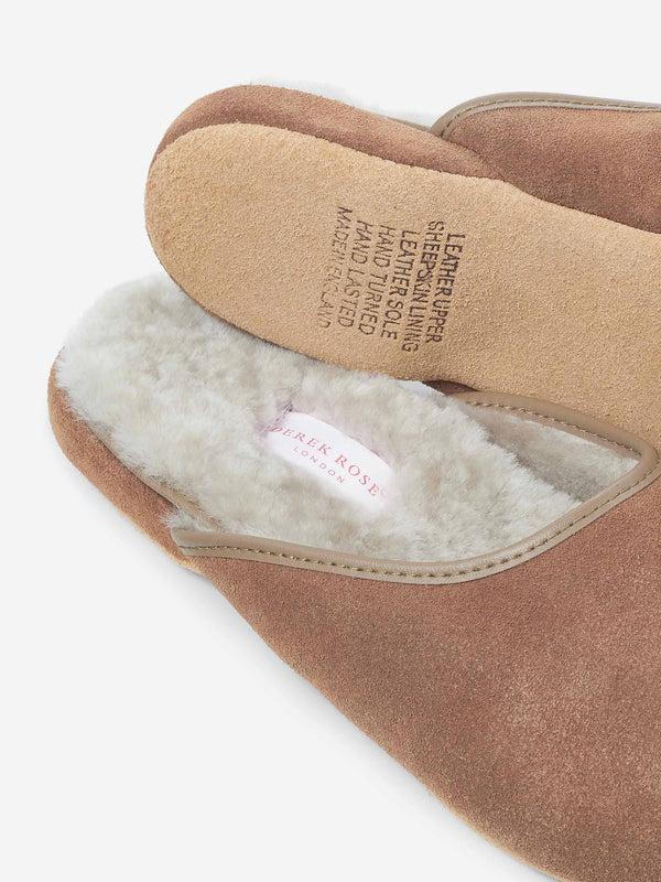 Derek Rose Women's Mule Slippers Imogen Suede Sheepskin Camel Camel