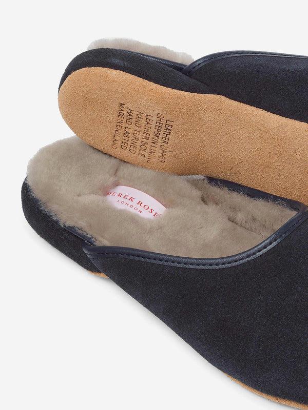 Derek Rose Women's Mule Slippers Imogen Suede Sheepskin Navy Navy
