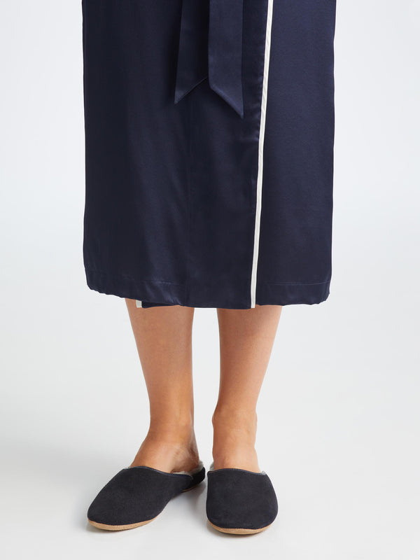 Derek Rose Women's Mule Slippers Imogen Suede Sheepskin Navy Navy