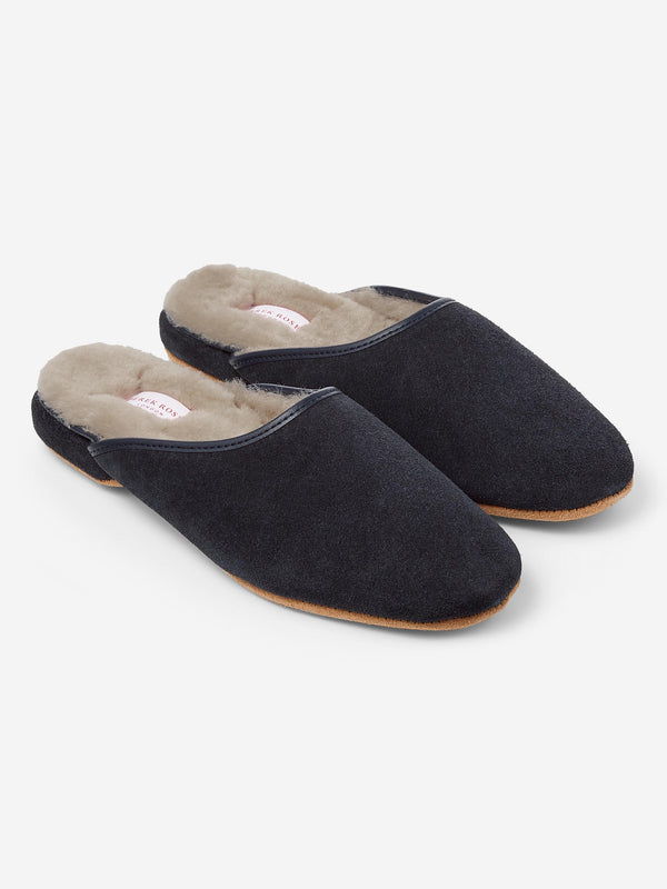 derek rose Women's Mule Slippers Imogen Suede Sheepskin Navy Navy
