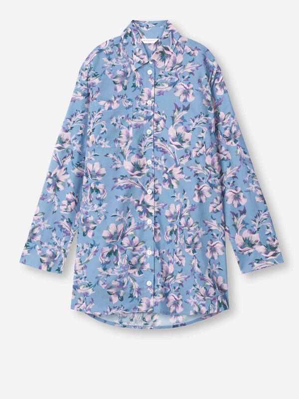 Derek Rose Women's Nightshirt Cotton Batiste Blue Wildflower Print Mid Blue