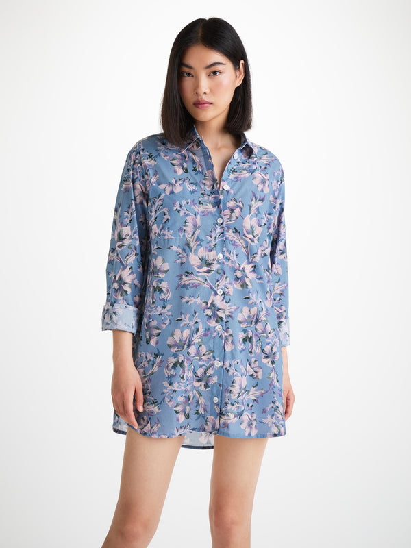 Derek Rose Women's Nightshirt Cotton Batiste Blue Wildflower Print Mid Blue