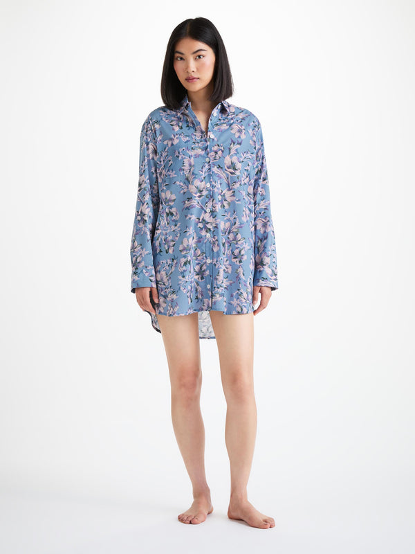 derek rose Women's Nightshirt Cotton Batiste Blue Wildflower Print Mid Blue