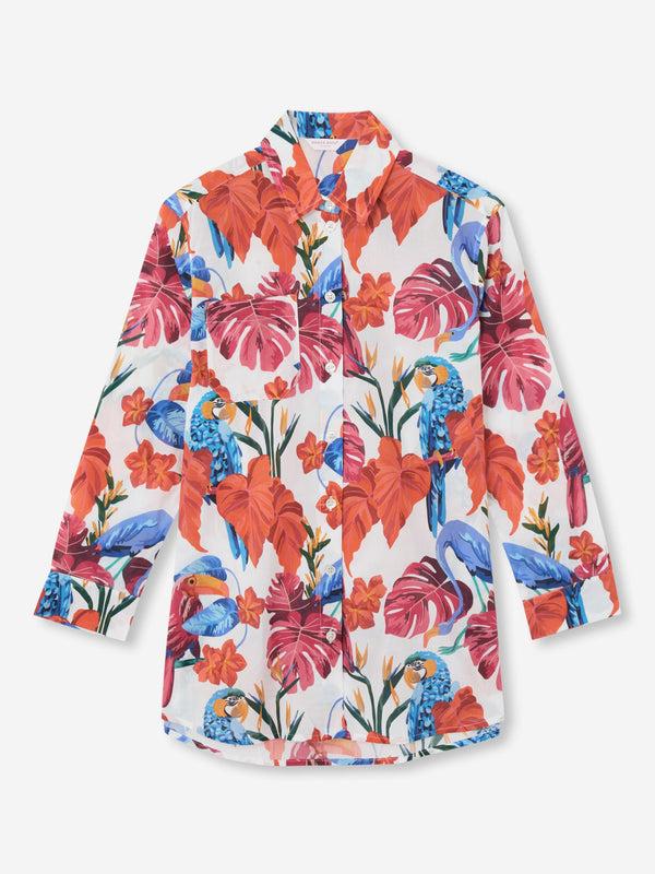 Derek Rose Women's Nightshirt Cotton Batiste White Jungle Birds Print White