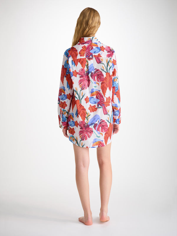 Derek Rose Women's Nightshirt Cotton Batiste White Jungle Birds Print White