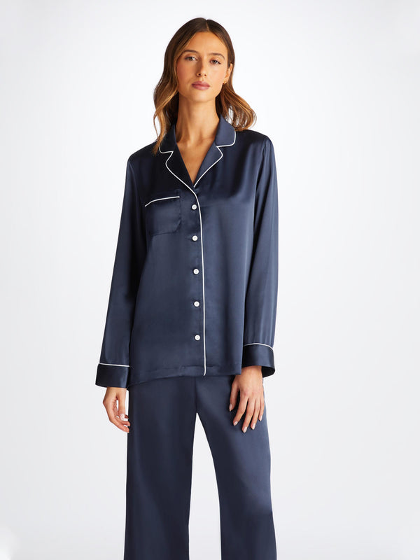 Derek Rose Women's Pajamas Bailey Silk Satin Navy Navy