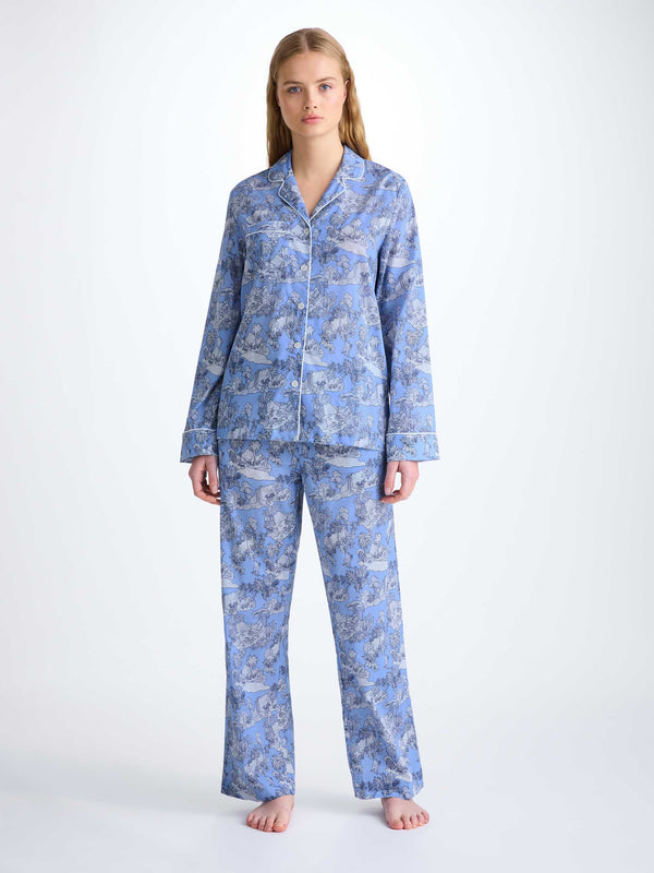 Derek Rose Women's Pajamas Cotton Batiste Blue Island Hopping Print Mid Blue