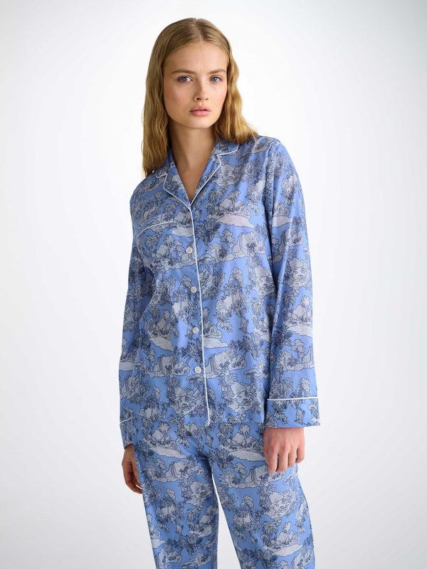 derek rose Women's Pajamas Cotton Batiste Blue Island Hopping Print Mid Blue