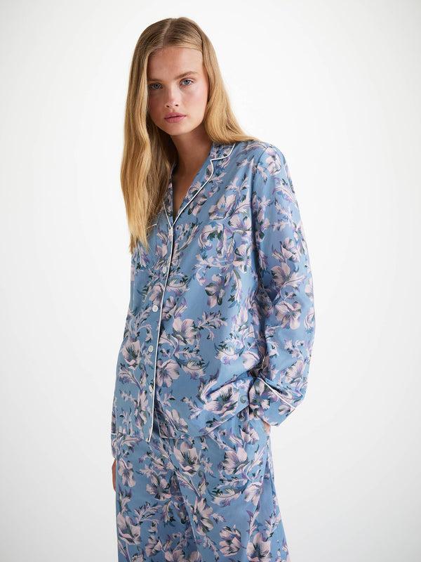 Derek Rose Women's Pajamas Cotton Batiste Blue Wildflower Print Mid Blue
