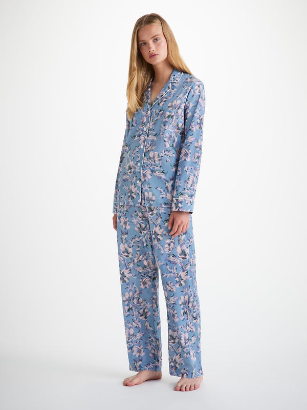 derek rose Women's Pajamas Cotton Batiste Blue Wildflower Print Mid Blue