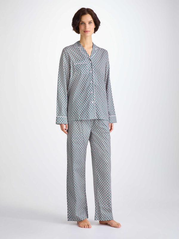 derek rose Women's Pajamas Cotton Batiste Jungle Green Scalloped Leaf Print Jungle Green