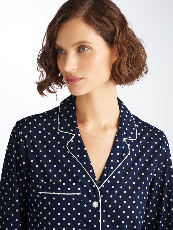 Derek Rose Women's Pajamas Cotton Batiste Navy Polka Dot Print Navy