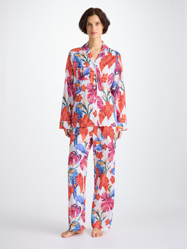 derek rose Women's Pajamas Cotton Batiste White Jungle Birds Print White