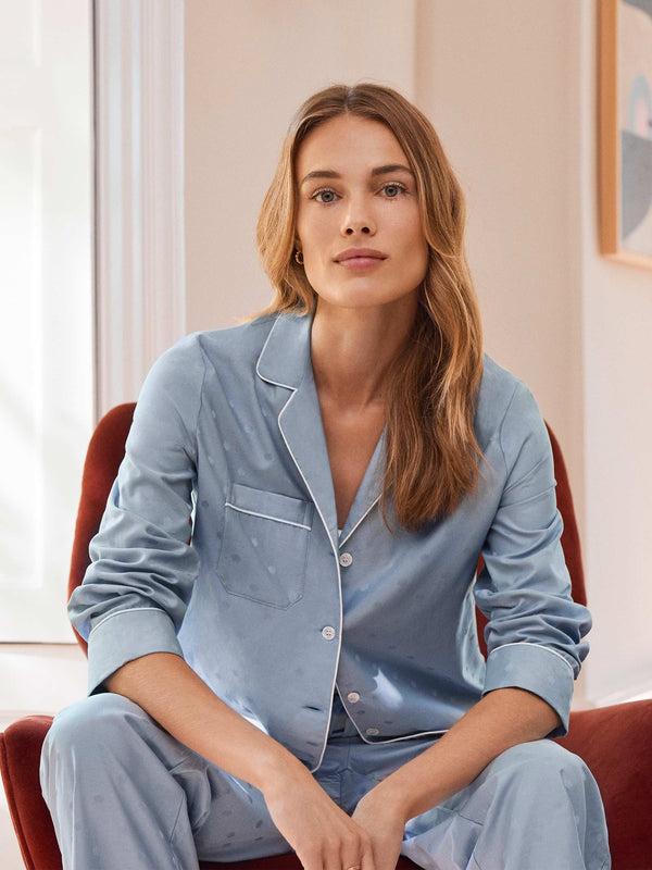 Derek Rose Women's Pajamas Cotton Jacquard Blue Seashell Pattern Light Blue