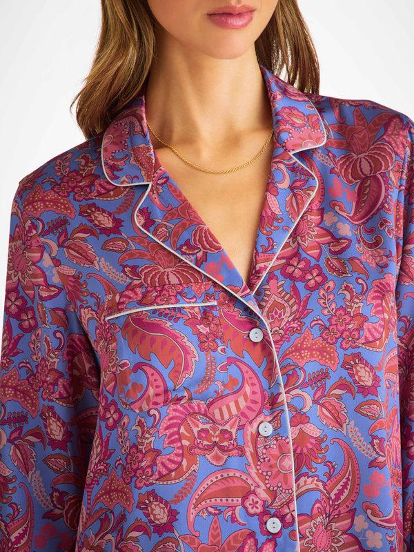 Derek Rose Women's Pajamas Silk Satin Amethyst Jungle Paisley Pattern Amethyst