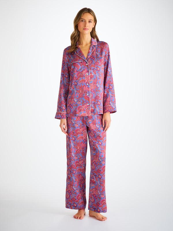 Derek Rose Women's Pajamas Silk Satin Amethyst Jungle Paisley Pattern Amethyst