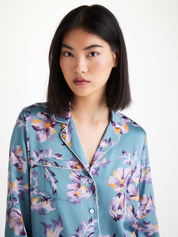 Derek Rose Women's Pajamas Silk Satin Blue Wildflower Pattern Mid Blue