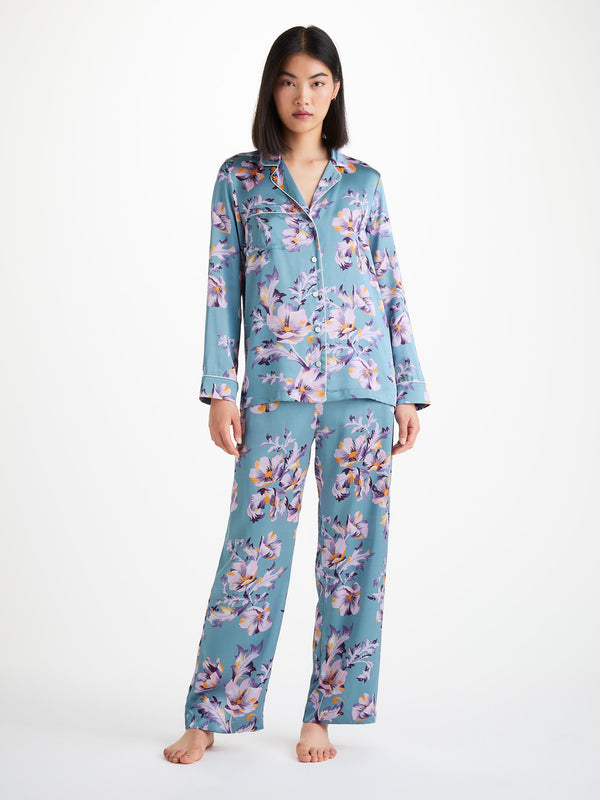 derek rose Women's Pajamas Silk Satin Blue Wildflower Pattern Mid Blue