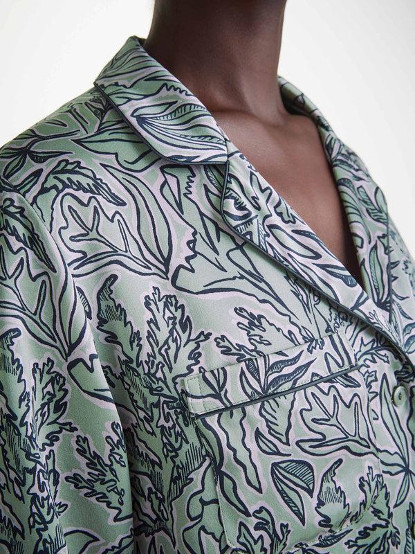 Derek Rose Women's Pajamas Silk Satin Green Sea Kelp Pattern Sage Green