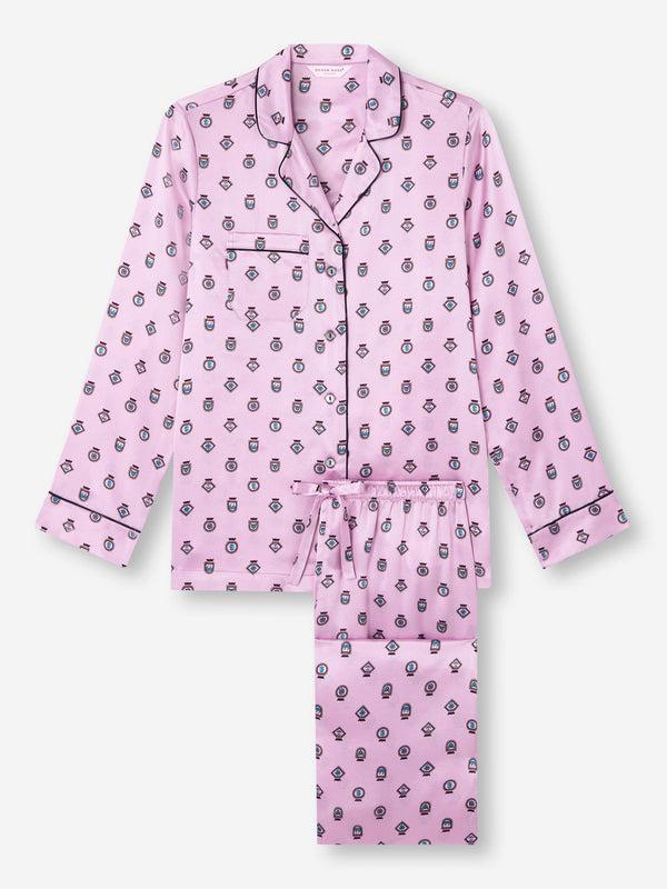 Derek Rose Women's Pajamas Silk Satin Lilac Badge Pattern Lilac