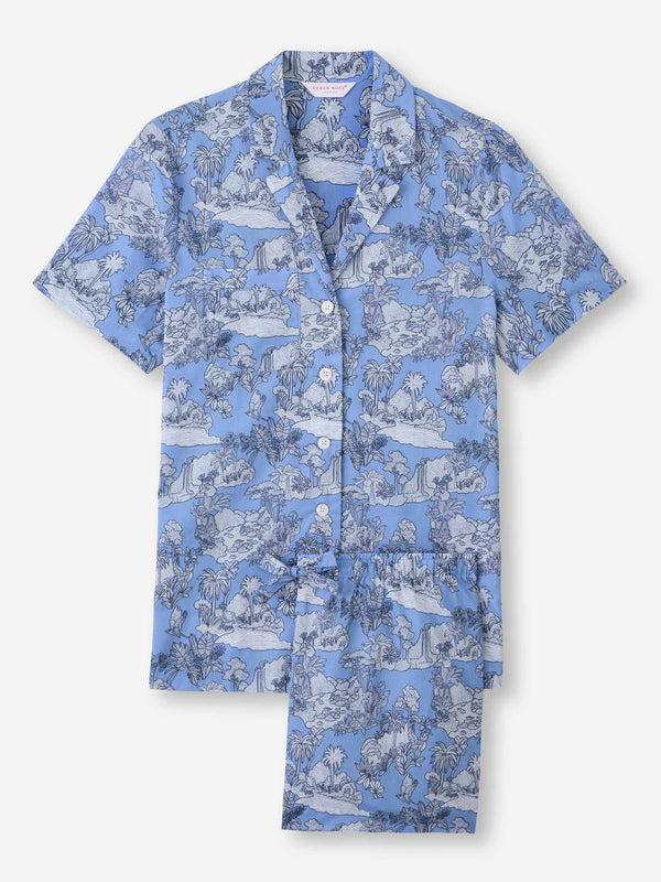 Derek Rose Women's Short Pajamas Cotton Batiste Blue Island Hopping Print Mid Blue
