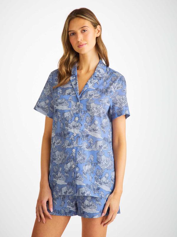 Derek Rose Women's Short Pajamas Cotton Batiste Blue Island Hopping Print Mid Blue