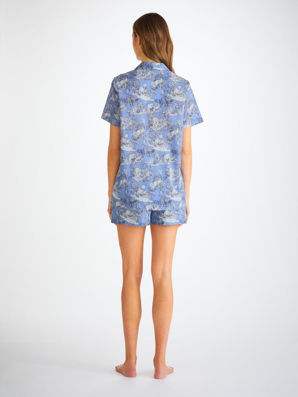 Derek Rose Women's Short Pajamas Cotton Batiste Blue Island Hopping Print Mid Blue