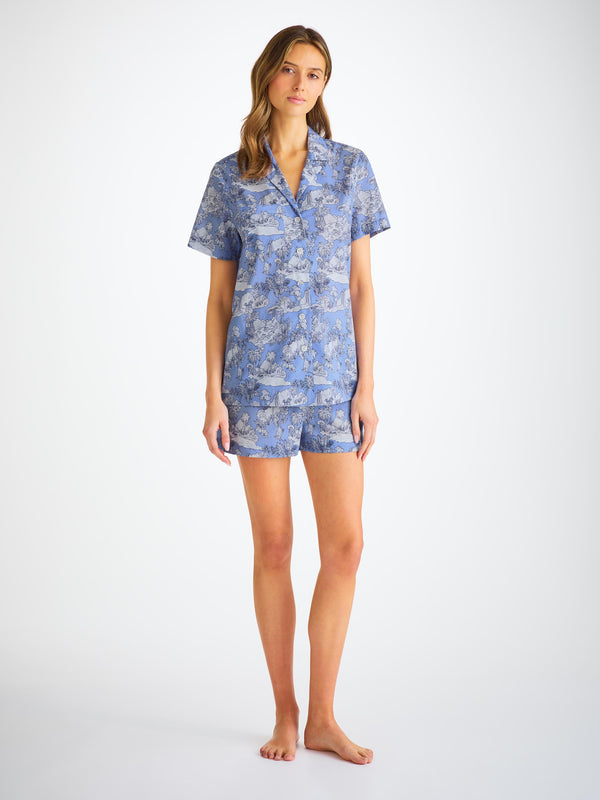 derek rose Women's Short Pajamas Cotton Batiste Blue Island Hopping Print Mid Blue