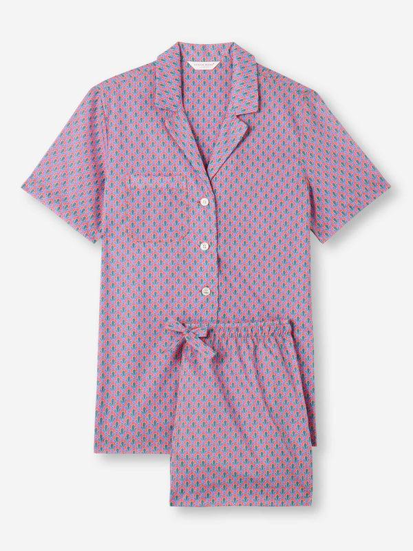 Derek Rose Women's Short Pajamas Cotton Batiste Flamingo Pink Scalloped Leaf Print Flamingo Pink