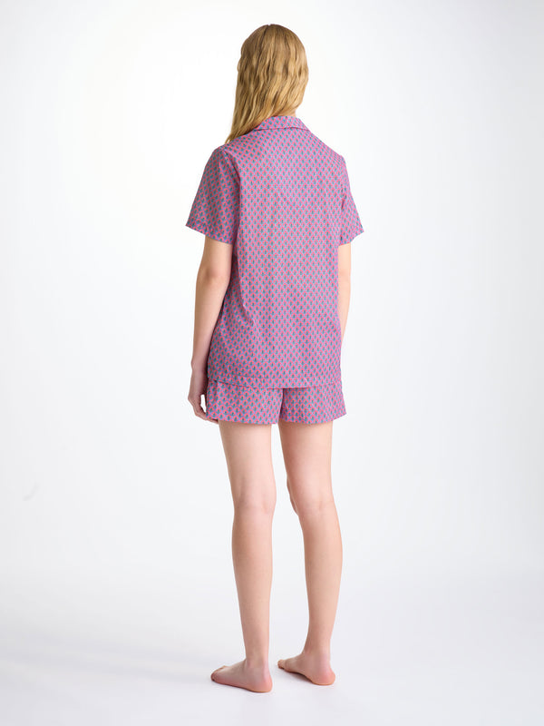 Derek Rose Women's Short Pajamas Cotton Batiste Flamingo Pink Scalloped Leaf Print Flamingo Pink