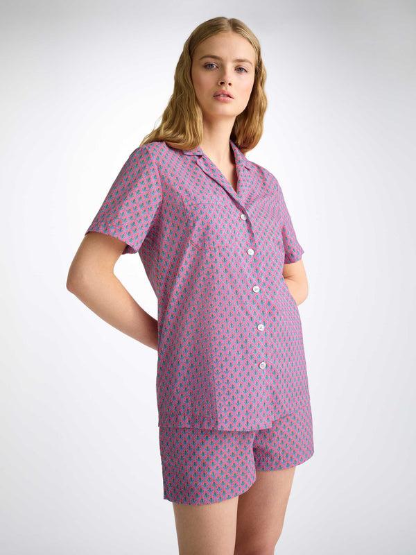 derek rose Women's Short Pajamas Cotton Batiste Flamingo Pink Scalloped Leaf Print Flamingo Pink