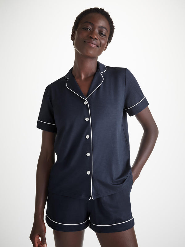 Derek Rose Women's Short Pajamas Lara Micro Modal Stretch Navy Navy