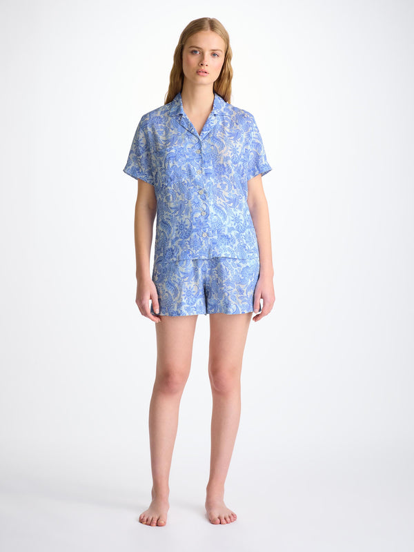 derek rose Women's Short Pajamas Linen White Jungle Paisley Print White