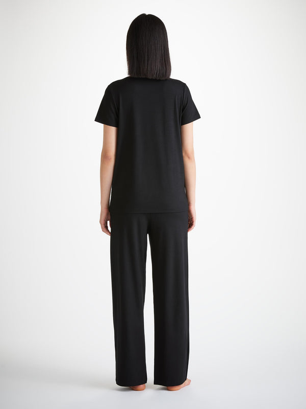 Derek Rose Women's T-Shirt And Lounge Trousers Set Micro Modal Stretch Black Black