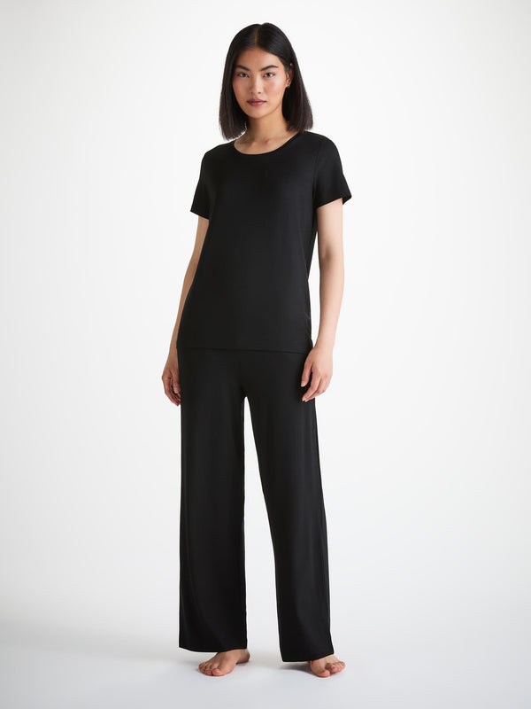 derek rose Women's T-Shirt and Lounge Trousers Set Micro Modal Stretch Black Black