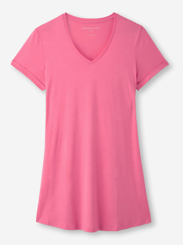 Derek Rose Women's V-Neck Sleep T-Shirt Lara Micro Modal Stretch Flamingo Pink Flamingo Pink