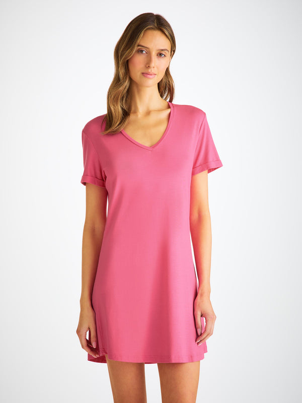 Derek Rose Women's V-Neck Sleep T-Shirt Lara Micro Modal Stretch Flamingo Pink Flamingo Pink
