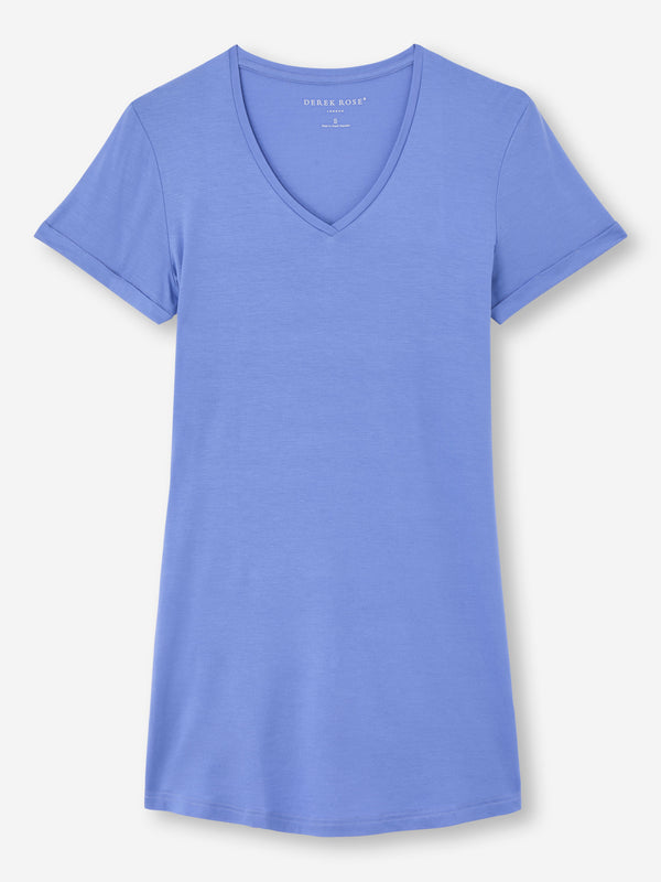 Derek Rose Women's V-Neck Sleep T-Shirt Lara Micro Modal Stretch Cornflower Blue Cornflower Blue