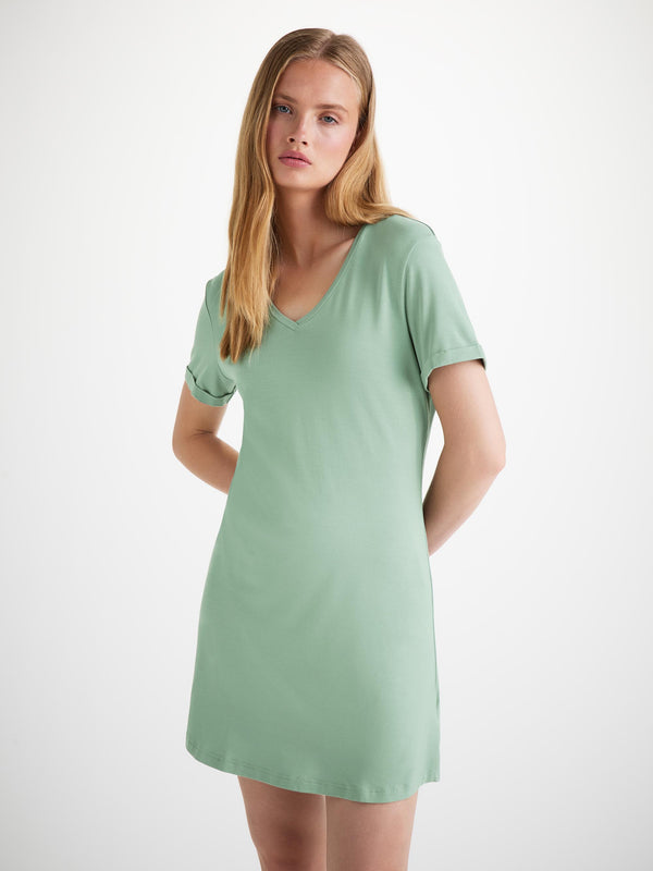 Derek Rose Women's V-Neck Sleep T-Shirt Lara Micro Modal Stretch Eucalyptus Eucalyptus