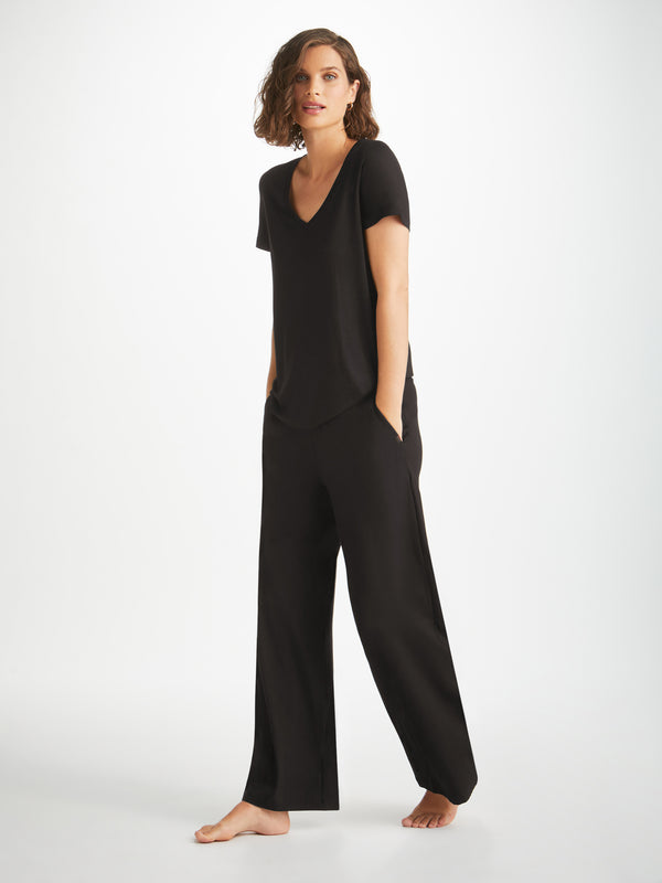 Derek Rose Women's V-Neck T-Shirt And Lounge Trousers Set Micro Modal Stretch Black Black