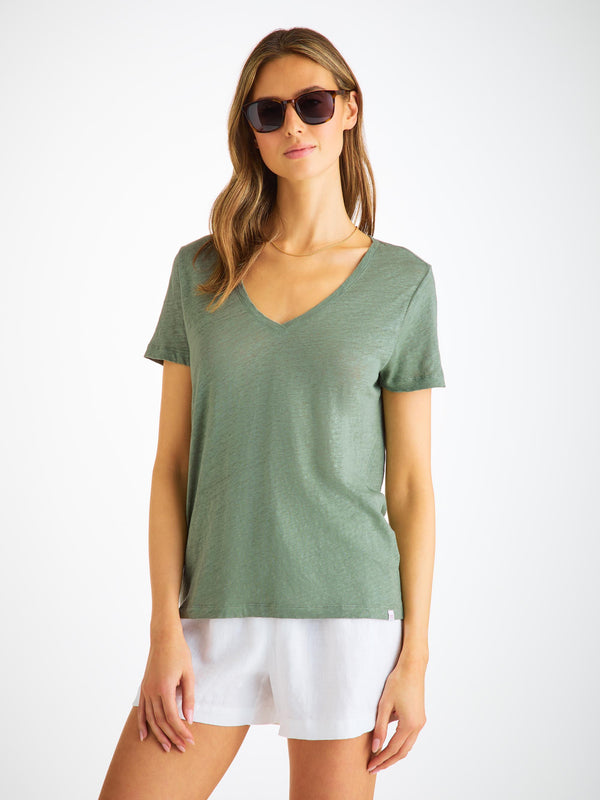 Derek Rose Women's V-Neck T-Shirt Jordan Linen Sage Green Sage Green